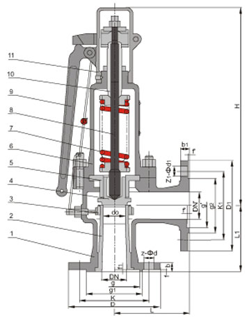 A47带扳手弹簧微启敞开式安全阀结构图